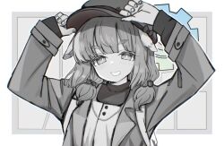 Rule 34 | 1girl, animal ears, blue archive, blush, coat, greyscale, hair bobbles, hair ornament, halo, hands on headwear, hat, izuoku, jacket, long sleeves, looking at viewer, monochrome, open clothes, open coat, open mouth, simple background, sleeves past wrists, solo, spot color, upper body, yakumo (blue archive)