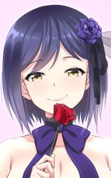 Rule 34 | 1girl, bare shoulders, black ribbon, blush, bow, closed mouth, collarbone, commentary request, flower, hair flower, hair ornament, hair ribbon, highres, holding, holding flower, looking at viewer, nijisanji, pink background, purple bow, purple flower, purple hair, purple rose, red flower, red rose, ribbon, rose, shirihime, shizuka rin, short hair, simple background, smile, solo, upper body, virtual youtuber, yellow eyes