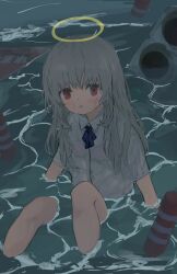 Rule 34 | 1girl, absurdres, arm support, blue ribbon, blush, bra, bra visible through clothes, collared shirt, grey hair, halo, highres, knees up, light frown, long hair, looking at viewer, looking up, messy hair, mochi 232310, neck ribbon, on floor, open mouth, original, partially submerged, pink bra, red eyes, ribbon, road sign, shirt, short sleeves, sign, solo, traffic cone, traffic light, underwear, water, wet, wet clothes, wet shirt