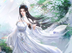Rule 34 | 1girl, absurdres, black hair, bug, butterfly, chinese clothes, closed mouth, curtains, dress, earrings, falling petals, glowing butterfly, hair bun, hair ornament, highres, insect, jewelry, leaf, light rays, long hair, looking at viewer, lu xueqi (zhu xian), petals, rainbow order, sash, second-party source, solo, upper body, white dress, zhu xian, zhu zai bamboos