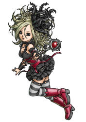 Rule 34 | 1girl, big hair, blonde hair, boots, collar, corset, dragon quest, dragon quest swords, feather hair ornament, feathers, frills, full body, hair ornament, jewelry, necklace, official art, ring, setia, simple background, skirt, solo, spiked collar, spikes, striped clothes, striped thighhighs, thighhighs, toriyama akira, wand