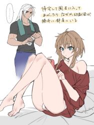 Rule 34 | 1boy, 1girl, ahoge, aqua eyes, bare legs, barefoot, beer can, black eyes, brown hair, can, cellphone, closed mouth, collarbone, commentary request, crossed legs, drink can, eyelashes, feet, full body, hands up, highres, holding, knees up, legs, long hair, medium hair, no pants, off shoulder, original, panties, phone, red shirt, shirt, simple background, single bare shoulder, sketch, smartphone, t-shirt, taka oedo, thighs, toenails, toes, translation request, underwear, white hair, white panties