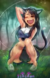 Rule 34 | 1girl, animal ears, animal hands, arm up, armpits, breasts, brown eyes, cat ears, cat tail, commentary, dark-skinned female, dark skin, english commentary, fang, full body, gloves, hair ornament, hairclip, highres, ijiranaide nagatoro-san, kemonomimi mode, knees together feet apart, laughing, loafers, long hair, medium breasts, nagatoro hayase, one eye closed, open mouth, paw gloves, pigeon-toed, shoes, sinihan, sitting, solo, tail