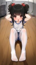 Rule 34 | 1girl, absurdres, arms behind head, arms up, black hair, blue shorts, blush, child, comodomodo, exercising, feet, gym uniform, highres, indoors, legs, long hair, looking at viewer, no shoes, open mouth, original, pantyhose, red eyes, shirt, short sleeves, shorts, sit-up, sitting, thighs, translation request, two side up, white pantyhose, white shirt