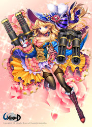 Rule 34 | 1girl, bad id, bad pixiv id, black thighhighs, blonde hair, blue eyes, boots, bow, breasts, cleavage, collarbone, copyright name, cross-laced footwear, detached collar, dress, ells, frilled dress, frills, garter straps, gatling gun, gun, hat, hat bow, highres, knee boots, legs, lipstick, long hair, long legs, makeup, minigun, skull and crossbones, solo, thighhighs, thighs, unleashed, watermark, weapon