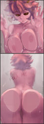 Rule 34 | 1girl, against glass, ashido mina, ass, ass press, black sclera, boku no hero academia, breast press, breasts, breasts on glass, cleft of venus, colored sclera, colored skin, heart, highres, horns, huge ass, large breasts, multiple views, naughty face, nipples, nude, paranoid.droid, pink hair, pink skin, pussy, short hair, shower, solo focus, yellow eyes