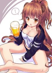 Rule 34 | !, &gt;:o, 1girl, :o, alcohol, animal ears, bad id, bad pixiv id, bear, bear ears, beer, beer mug, between legs, black panties, blush, breasts, brown eyes, brown hair, collarbone, cup, hair ornament, hand between legs, haruta (806060), holding, holding cup, indian style, jacket, large breasts, long hair, looking at viewer, mug, open clothes, open jacket, open mouth, original, panties, personification, ponytail, sitting, solo, spoken exclamation mark, teeth, thighs, underwear, v-shaped eyebrows, very long hair, wavy hair, x hair ornament