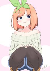 Rule 34 | 1girl, :p, black pantyhose, blue eyes, blue shorts, blush, brown footwear, closed mouth, collarbone, commentary request, denim, denim shorts, eyebrows hidden by hair, feet out of frame, go-toubun no hanayome, green ribbon, highres, kujou karasuma, pantyhose under shorts, long sleeves, looking at viewer, nakano yotsuba, off-shoulder sweater, off shoulder, orange hair, pantyhose, pink background, ribbed sweater, ribbon, short shorts, shorts, signature, sleeves past wrists, smile, solo, sweater, tongue, tongue out, two-tone background, white background, white sweater