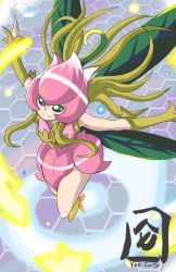 Rule 34 | 1girl, artist request, bandai, bare legs, boots, digimon, dress, fairy, fairy wings, female focus, flying, hat, legs, lilimon, long hair, looking at viewer, monster girl, open mouth, pink theme, skirt, wings