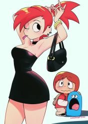 Rule 34 | 1girl, 2020, 2boys, adjusting hair, alternate hairstyle, armpits, backpack, bag, black choker, black dress, blooregard q kazoo, blush, breasts, brown hair, choker, colo (nagrolaz), cowboy shot, creature, curvy, dress, ear piercing, foster&#039;s home for imaginary friends, frankie foster, full body, handbag, high ponytail, highres, jewelry, looking at another, mac (foster&#039;s), medium breasts, mouth hold, multiple boys, official alternate costume, one eye closed, pants, piercing, ponytail, red hair, red shirt, revealing clothes, shirt, short dress, short hair, simple background, standing, strapless, strapless dress, t-shirt, tagme, thighs, tying hair, wavy mouth, white background