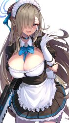 Rule 34 | 1girl, absurdres, asuna (blue archive), blue archive, blue eyes, breasts, brown hair, gun, halo, hand up, highres, large breasts, maid, ninoude (ninoude44), solo, standing, weapon, white background