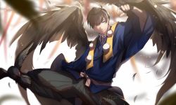 Rule 34 | 10s, 1boy, 2016, alternate eye color, artist name, bird, bird on hand, black gloves, black hair, black hakama, black wings, blue eyes, blurry, chin strap, closed mouth, crow, dated, depth of field, feathered wings, feathers, flying, gloves, hair between eyes, hakama, hakama skirt, hat, japanese clothes, light particles, long sleeves, looking at viewer, male focus, matsuno karamatsu, osomatsu-kun, osomatsu-san, outstretched arm, partially fingerless gloves, phino, pom pom (clothes), red eyes, sash, signature, skirt, smile, tengu, tokin hat, wide sleeves, wings
