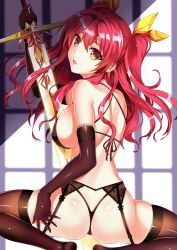 Rule 34 | 10s, ass, bad id, bad pixiv id, breasts, covered erect nipples, derivative work, elbow gloves, from behind, g-string, garter belt, gloves, hair ribbon, hand on own hip, highres, kanzaki nice, large breasts, legs, lingerie, lips, looking back, parted lips, rakudai kishi no cavalry, red eyes, red hair, ribbon, sideboob, solo, squatting, stella vermillion, sword, thighhighs, thighs, thong, underwear, weapon
