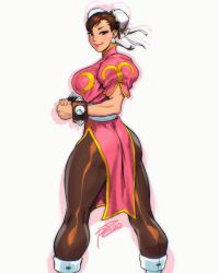 Rule 34 | 1girl, alternate color, ass, bracelet, breasts, brown eyes, brown hair, brown pantyhose, bun cover, capcom, china dress, chinese clothes, chun-li, clenched hand, commentary, double bun, dress, earrings, english commentary, eyeshadow, from behind, hair bun, highres, jewelry, kneepits, large breasts, lips, looking at viewer, looking back, makeup, pantyhose, pink dress, player 2, puffy short sleeves, puffy sleeves, robaato, sash, seamed legwear, short hair, short sleeves, solo, spiked bracelet, spikes, street fighter, street fighter ii (series), swept bangs, thick thighs, thighs