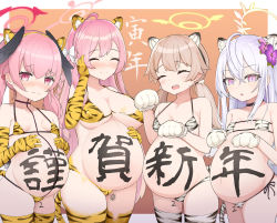 Rule 34 | 4girls, animal costume, animal ears, animal hands, animal print, azusa (blue archive), bikini, blue archive, blush, bodypaint, chinese zodiac, gloves, halo, hanako (blue archive), hand on own face, head wings, hifumi (blue archive), highres, koharu (blue archive), light brown hair, looking at viewer, low twintails, multiple girls, nanasumi (pantie party project), paw gloves, pregnant, print bikini, smile, swimsuit, tail, tiger costume, tiger ears, tiger girl, tiger print, tiger tail, twintails, white tiger print, wing hair ornament, wings, year of the tiger, yellow eyes