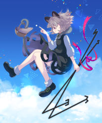 Rule 34 | 1girl, ahoge, animal, animal ears, basket, black dress, black footwear, bloomers, blue sky, blush, cloud, day, dowsing rod, dress, from side, full body, grey hair, hand up, holding, iris anemone, jewelry, looking away, midair, mouse (animal), mouse ears, mouse tail, nazrin, necklace, outdoors, pendant, pink eyes, pink ribbon, profile, ribbon, shoes, short hair, sky, smile, socks, solo, star (symbol), tail, touhou, triangle, underwear, white socks