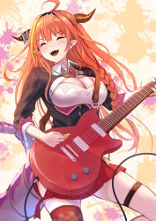 Rule 34 | 1girl, :d, ahoge, black hairband, blush, bow, braid, breasts, chain, chain necklace, checkered clothes, checkered legwear, cleavage cutout, closed eyes, clothing cutout, commentary, diagonal-striped bow, dragon girl, dragon horns, dragon tail, electric guitar, english commentary, fang, guitar, hairband, highres, hip vent, hololive, horn bow, horn ornament, horns, instrument, jewelry, kiryu coco, kiryu coco (1st costume), large breasts, long hair, necklace, open mouth, orange hair, plectrum, pointy ears, roke (taikodon), side braid, single braid, single thighhigh, smile, solo, splatter background, tail, thigh strap, thighhighs, virtual youtuber