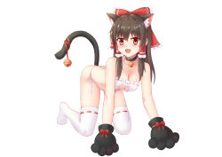 Rule 34 | 1girl, :d, absurdres, all fours, animal ear fluff, animal ears, animal hands, ass, bare arms, bare shoulders, bell, black choker, black gloves, black hair, blush, bow, bra, breasts, cat cutout, cat ears, cat girl, cat lingerie, cat tail, choker, cleavage, cleavage cutout, clothing cutout, commentary request, fang, gloves, hair between eyes, hair bow, hair tubes, hakurei reimu, highres, jingle bell, kemonomimi mode, long hair, looking at viewer, medium breasts, meme attire, neck bell, no shoes, open mouth, panties, partial commentary, paw gloves, red bow, red eyes, red ribbon, ribbon, shu pian, side-tie panties, sidelocks, simple background, skin fang, smile, solo, tail, thighhighs, thighs, touhou, underwear, white background, white bra, white thighhighs