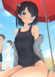 Rule 34 | 1girl, apollo (hu maple), bare shoulders, beach, beach umbrella, black hair, blue eyes, blush, breasts, embarrassed, flower, groin, hair flower, hair ornament, highres, old school swimsuit, one-piece swimsuit, one side up, original, paid reward available, school swimsuit, seiza, short hair, sitting, small breasts, solo, swimsuit, umbrella