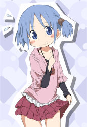 Rule 34 | 1girl, blue eyes, blue hair, blush, casual, clothes lift, collarbone, cowboy shot, female focus, flying sweatdrops, cube hair ornament, hair ornament, ixy, jewelry, layered skirt, layered sleeves, long sleeves, matching hair/eyes, miniskirt, naganohara mio, nichijou, pendant, pleated skirt, purple skirt, short hair, short over long sleeves, short sleeves, short twintails, skirt, skirt hold, skirt lift, solo, twintails, wavy mouth