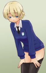 Rule 34 | 10s, 1girl, black necktie, black pantyhose, blonde hair, blue eyes, blue sweater, braid, closed mouth, clothes pull, collared shirt, commentary, cowboy shot, darjeeling (girls und panzer), dress shirt, emblem, girls und panzer, half-closed eyes, leaning forward, long sleeves, looking at viewer, necktie, no pants, pantyhose, pantyhose pull, pulled by self, school uniform, shirt, short hair, smile, solo, st. gloriana&#039;s (emblem), st. gloriana&#039;s school uniform, standing, sweater, thighs, uona telepin, v-neck, white shirt, wing collar