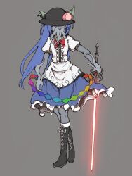 1girl apron black_boots black_hat blue_hair blue_skirt bolos boots bow bowtie buttons center_frills collared_shirt commentary floating_clothes footwear_ribbon frilled_skirt frills full_body gloves grey_background grey_gloves hat hinanawi_tenshi holding holding_sword holding_weapon knee_boots lace-up_boots leaf long_hair looking_at_viewer miniskirt monsterification peach_hat_ornament puffy_short_sleeves puffy_sleeves rainbow_gradient red_bow red_bowtie red_eyes ribbon shide shirt short_sleeves simple_background skirt solo standing sword tachi-e tentacles touhou very_long_hair waist_apron weapon white_apron white_ribbon white_shirt