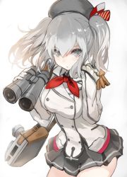 Rule 34 | 10s, 1girl, beret, binoculars, black hat, black skirt, blue eyes, bow, buckle, buttons, double-breasted, epaulettes, gloves, grey eyes, hat, hat bow, holding, kantai collection, kashima (kancolle), kerchief, long hair, looking at viewer, miniskirt, over shoulder, pleated skirt, short twintails, silver hair, skirt, solo, twintails, uniform, wavy hair, white gloves, yukihiko (tyabobo)