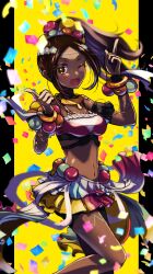 Rule 34 | 1girl, absurdres, beads, bracelet, brown eyes, brown hair, confetti, crop top, dark-skinned female, dark skin, fire emblem, fire emblem engage, hair beads, hair ornament, highres, jewelry, looking at viewer, midriff, mu tu bu, navel, necklace, nintendo, open mouth, ponytail, skirt, smile, solo, sparkle, sparkling eyes, timerra (fire emblem)