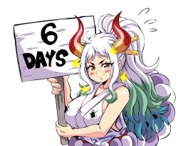 Rule 34 | 1girl, brown eyes, closed mouth, commentary, english text, green hair, highres, holding, horns, japanese clothes, lewdamone, long hair, looking at viewer, multicolored hair, one piece, ponytail, red horns, simple background, smile, solo, symbol-only commentary, two-tone hair, white background, white hair, yamato (one piece)