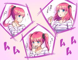 Rule 34 | 1girl, :o, @ @, alternate hairstyle, black scrunchie, blue eyes, blunt bangs, blush, collarbone, commentary request, go-toubun no hanayome, hair ornament, hair scrunchie, half updo, hand to own mouth, hand up, head tilt, highres, hyoe (hachiechi), long sleeves, looking at viewer, medium hair, motion lines, multiple views, nakano nino, open mouth, pink hair, ponytail, purple background, scrunchie, shirt, sidelocks, simple background, sound effects, straight hair, striped clothes, striped shirt, translation request, twintails, two side up, v-shaped eyebrows, wavy mouth, white background, white shirt, wide-eyed