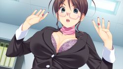Rule 34 | 1girl, blue eyes, blush, bra, breasts, brown hair, cleavage, game cg, glasses, highres, koutaro, mukou ao, nail polish, open clothes, open mouth, open shirt, shirt, tropical vacation, twinkle soft, underwear
