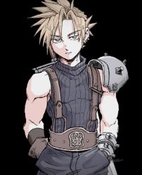 Rule 34 | 1boy, als8za, aqua eyes, armor, belt, black background, blonde hair, blue pants, blue shirt, brown belt, brown gloves, buster sword, cloud strife, cowboy shot, earrings, final fantasy, final fantasy vii, gloves, hands in pockets, jewelry, looking at viewer, male focus, muscular, muscular male, pants, parted bangs, shirt, short hair, shoulder armor, single bare shoulder, single earring, sleeveless, sleeveless turtleneck, solo, spiked hair, standing, suspenders, turtleneck, weapon, weapon on back