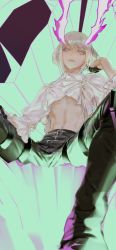 Rule 34 | 830 (hamio), belt, bishounen, black gloves, black pants, closed mouth, collared shirt, dress shirt, frilled sleeves, frills, gloves, green hair, half gloves, highres, lio fotia, male focus, pants, pectorals, promare, purple eyes, shirt, sitting, spread legs, throne, toned, toned male