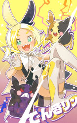 Rule 34 | 1girl, :d, absurdres, argyle, argyle clothes, argyle legwear, blonde hair, bon bon eee, boots, buttons, colored eyelashes, commentary request, creatures (company), crossover, eyelashes, game freak, gen 8 pokemon, gloves, gradient background, green eyes, halloween morpeko kagamine rin (project voltage), highres, kagamine rin, morpeko, morpeko (full), morpeko (hangry), neck ribbon, nintendo, open mouth, outline, poke ball, pokemon, pokemon (creature), project voltage, ribbon, short hair, sleeveless, smile, star (symbol), teeth, thigh boots, tongue, ultra ball, upper teeth only, vocaloid, white ribbon