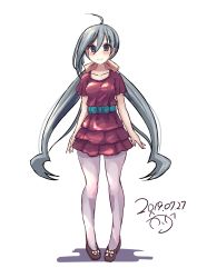 Rule 34 | 1girl, absurdres, adapted costume, ahoge, collarbone, dated, dress, full body, grey eyes, grey hair, grey pantyhose, hair between eyes, hair bun, highres, kantai collection, kiyoshimo (kancolle), long hair, looking at viewer, low twintails, one-hour drawing challenge, pantyhose, purple dress, signature, simple background, single hair bun, solo, standing, tsutsusaku poyoyo, twintails, white background