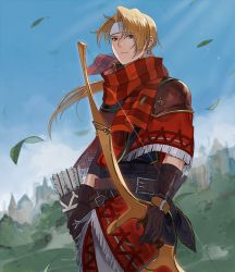 Rule 34 | 1boy, arrow (projectile), belt, blonde hair, bow (weapon), brown eyes, day, fire emblem, fire emblem: mystery of the emblem, fire emblem heroes, gloves, grass, headband, jeorge (fire emblem), kyufe, leaf, long hair, low ponytail, male focus, nintendo, quiver, scarf, sky, solo, weapon