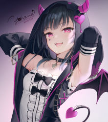 Rule 34 | 1girl, :d, armpits, arms up, black bow, black choker, black hair, black vest, black wings, blunt bangs, bow, breasts, bright pupils, center frills, choker, collarbone, commentary request, dared, demon girl, demon horns, demon tail, demon wings, detached sleeves, eyelashes, facial mark, frilled shirt, frills, hood, hooded vest, hoodie, horns, long hair, long sleeves, looking at viewer, love live!, love live! sunshine!!, mignon, open clothes, open mouth, open vest, purple background, purple eyes, ribbon trim, shirt, signature, small breasts, smile, solo, tail, teeth, tsushima yoshiko, unzipped, upper body, upper teeth only, vest, white shirt, wings, zipper