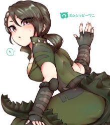 Rule 34 | !, 10s, 1girl, american alligator (kemono friends), arm at side, ass, back, black hair, blush, character name, collared jacket, crocodilian tail, dodo taro, elbow pads, eyes visible through hair, fingerless gloves, fingernails, from side, gloves, green jacket, green pants, hair between eyes, hand up, high collar, jacket, kemono friends, looking at viewer, medium hair, pants, parted lips, ponytail, purple eyes, short sleeves, simple background, solo, spiked tail, spikes, spoken exclamation mark, striped, tail, translated, tsurime, upper body, vambraces, white background