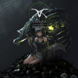 Rule 34 | 1girl, album cover, animal ears, bare shoulders, black eyes, black hair, black jacket, black shirt, closed mouth, cover, fingerless gloves, fox ears, fox tail, gloves, hand up, highres, inabi, jacket, long hair, looking at viewer, off shoulder, original, shirt, sitting, smile, solo, tail