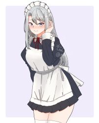 Rule 34 | 1girl, alternate costume, apron, artist logo, asymmetrical bangs, black dress, border, commentary request, dress, enmaided, frilled apron, frills, grey background, highres, kantai collection, long hair, maid, maid apron, maid headdress, mochizou, one-hour drawing challenge, purple eyes, sagiri (kancolle), silver hair, solo, string tie, swept bangs, two-tone background, white apron, white border, white legwear, wrist cuffs