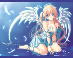Rule 34 | 1girl, angel wings, ankle lace-up, arm ribbon, breasts, cleavage, cross-laced footwear, feathers, hair ribbon, halo, izumi yura, original, ribbon, solo, twintails, water, wings