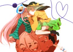 Rule 34 | 2girls, black hat, bow, breasts, bubble skirt, closed mouth, expressionless, eyeball, face-to-face, green eyes, green hair, green skirt, hat, hat bow, hata no kokoro, heart, heart of string, highres, komeiji koishi, long sleeves, looking at another, mask, mask on head, mouth mask, multiple girls, pandain, pink eyes, pink hair, plaid, plaid shirt, profile, shirt, skirt, small breasts, third eye, touhou, wide sleeves, yellow bow, yellow shirt