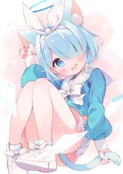 Rule 34 | 1girl, animal ear fluff, animal ears, arm up, arona (blue archive), blue archive, blue eyes, blue hair, blue panties, blue serafuku, blue tail, bow, bow hairband, bowtie, braid, cat ears, cat tail, choker, colored inner hair, extra ears, flying paper, footwear bow, hair bow, hair over one eye, hairband, halo, hand on own ear, highres, holding own tail, kano hito, kemonomimi mode, knees up, light blue hair, miniskirt, multicolored hair, panties, pantyshot, paper, pink hair, pleated skirt, sailor collar, school uniform, serafuku, shoes, short hair, single braid, skirt, sneakers, striped clothes, striped panties, tail, tail grab, underwear, white bow, white bowtie, white choker, white footwear, white hairband, white sailor collar, white skirt