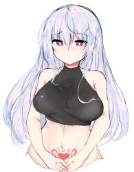 Rule 34 | 1girl, absurdres, ahoge, bare shoulders, blush, breasts, closed mouth, closers, collarbone, cropped torso, doldol (rkwowlqrp), hair between eyes, heart, highres, large breasts, light purple hair, long hair, mirae (closers), navel, pubic tattoo, red eyes, simple background, stomach tattoo, tattoo, upper body, white background