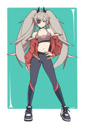 Rule 34 | 1girl, absurdres, ahoge, aqua background, artist name, black footwear, breasts, brown sports bra, closed mouth, djmax, djmax respect, eyepatch, fail (djmax), full body, grey hair, grey pants, hair ornament, hand on own hip, highres, jacket, kazuhito (pixiv 26697978), long hair, long sleeves, looking at viewer, midriff, navel, off shoulder, pants, red eyes, red jacket, shoes, simple background, small breasts, smile, sneakers, solo, sports bra, twintails, yoga pants