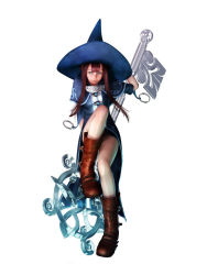 Rule 34 | 1girl, 3d, boots, brown hair, crossed legs, female focus, full body, green eyes, hat, long hair, microsoft, ninety-nine nights, official art, robe, simple background, sitting, smile, solo, staff, tyurru, white background, witch, witch hat