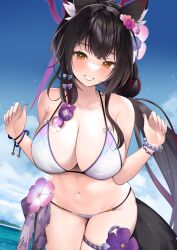 Rule 34 | 1girl, absurdres, animal ears, bikini, black hair, blue archive, blush, bracelet, breasts, cleavage, collarbone, flower, fox ears, fox girl, fox tail, hair flower, hair ornament, halo, highres, jewelry, large breasts, leaning forward, long hair, marurumaru00, multicolored hair, navel, official alternate costume, outdoors, red eyes, smile, solo, stomach, streaked hair, string bikini, swimsuit, tail, thigh strap, very long hair, wakamo (blue archive), wakamo (swimsuit) (blue archive), wet, wet hair