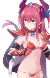 Rule 34 | 1girl, armor, bikini, bikini armor, black thighhighs, blue eyes, blush, breasts, cape, cowboy shot, dragon tail, elizabeth bathory (brave) (fate), elizabeth bathory (fate), fate/grand order, fate (series), gauntlets, horns, looking away, loose bikini, makihitsuji, navel, oversized clothes, pauldrons, pink hair, pointy ears, red armor, red bikini, shoulder armor, simple background, small breasts, solo, sweatdrop, swimsuit, tail, thighhighs, tiara, wavy mouth, white background