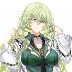 Rule 34 | 1girl, black necktie, breasts, character request, commentary, dress, green dress, hair between eyes, hands up, honkai (series), honkai impact 3rd, jacket, long hair, long sleeves, looking at viewer, medium breasts, mobius (honkai impact), necktie, open clothes, open jacket, parted lips, red eyes, simple background, smile, solo, twitter username, upper body, very long hair, watermark, white background, white jacket, yongbyeongsig