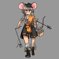 Rule 34 | 1girl, alternate costume, animal, bandaid, basket, black headwear, black shorts, commentary, dowsing rod, english commentary, full body, grey background, grey hair, highres, jewelry, kaibootsu, mouse (animal), mouse girl, mouse tail, nazrin, pendant, red eyes, scarf, short hair, shorts, solo, tail, touhou